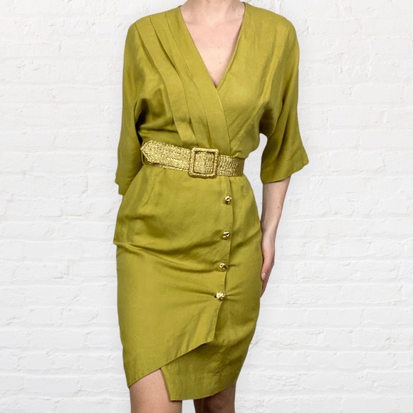 VINTAGE | 1980’s Barbara Barbara Sheen Green Linen Blend Parisian Wrap Dress - Picture 11 of 12